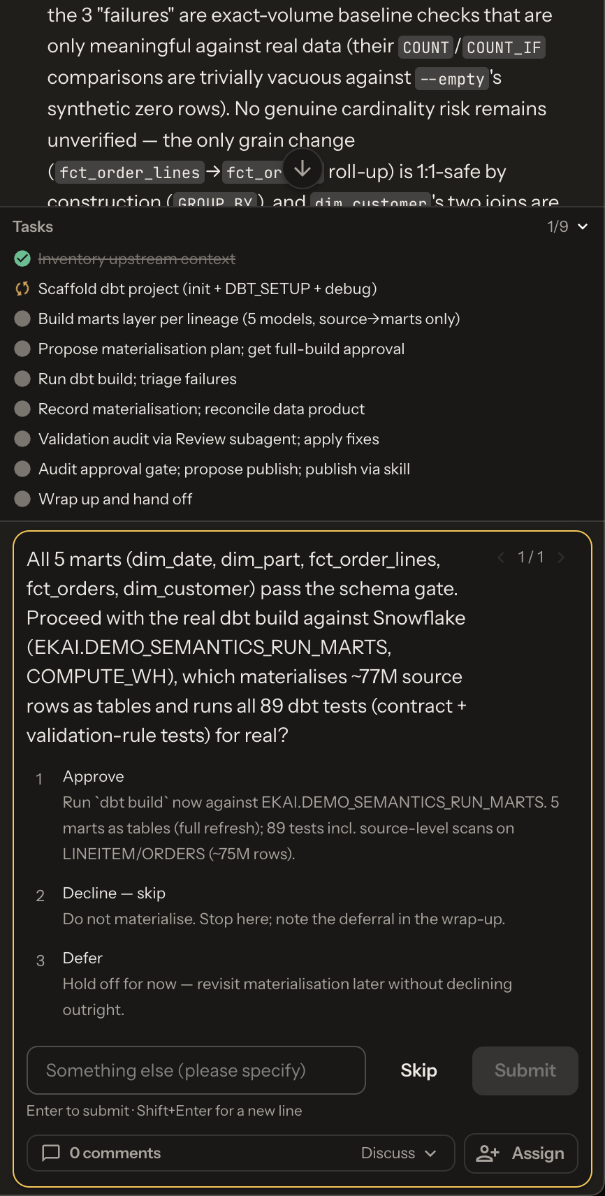 Approve dbt build in the chat experience