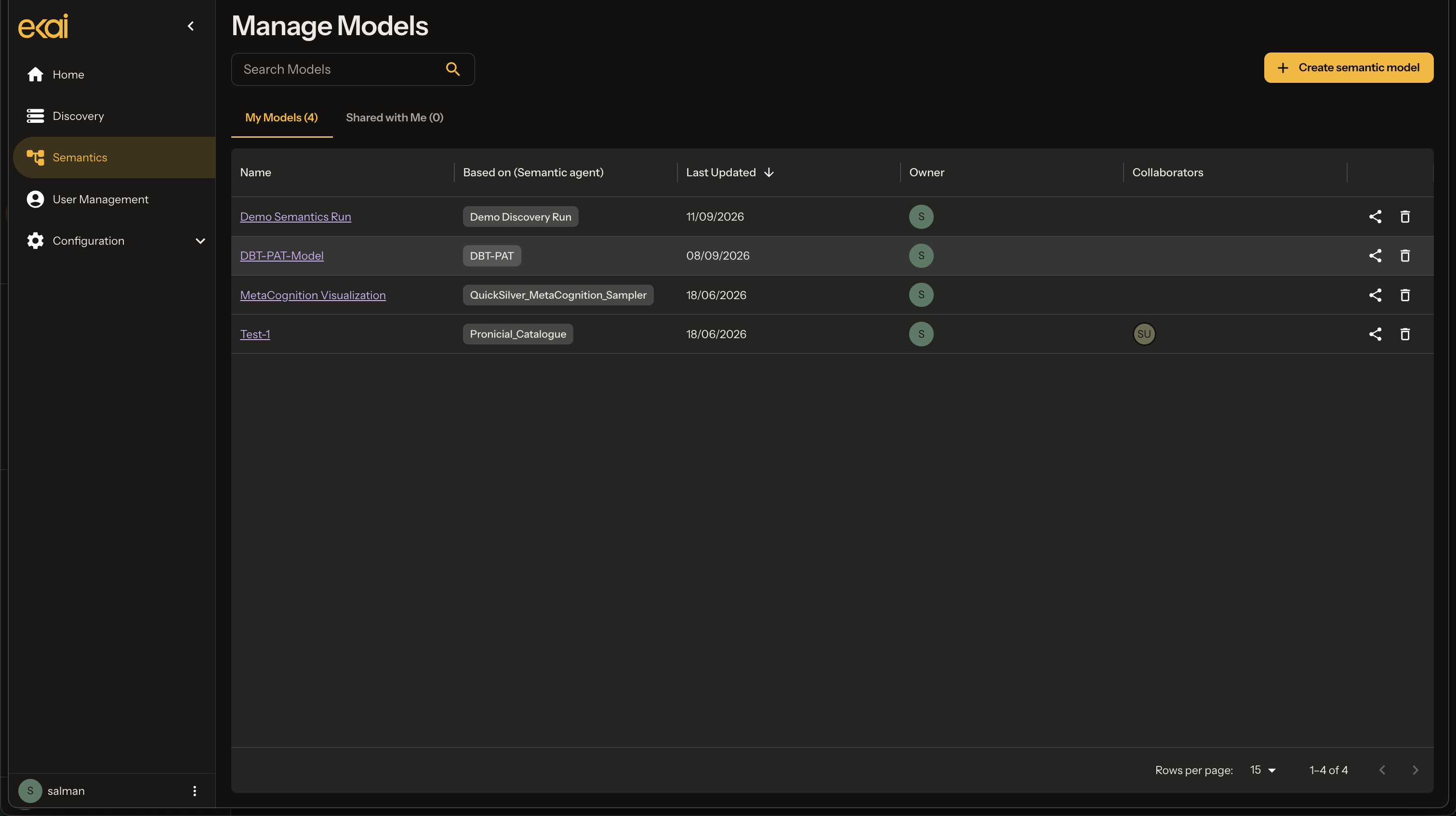 Manage Models list view