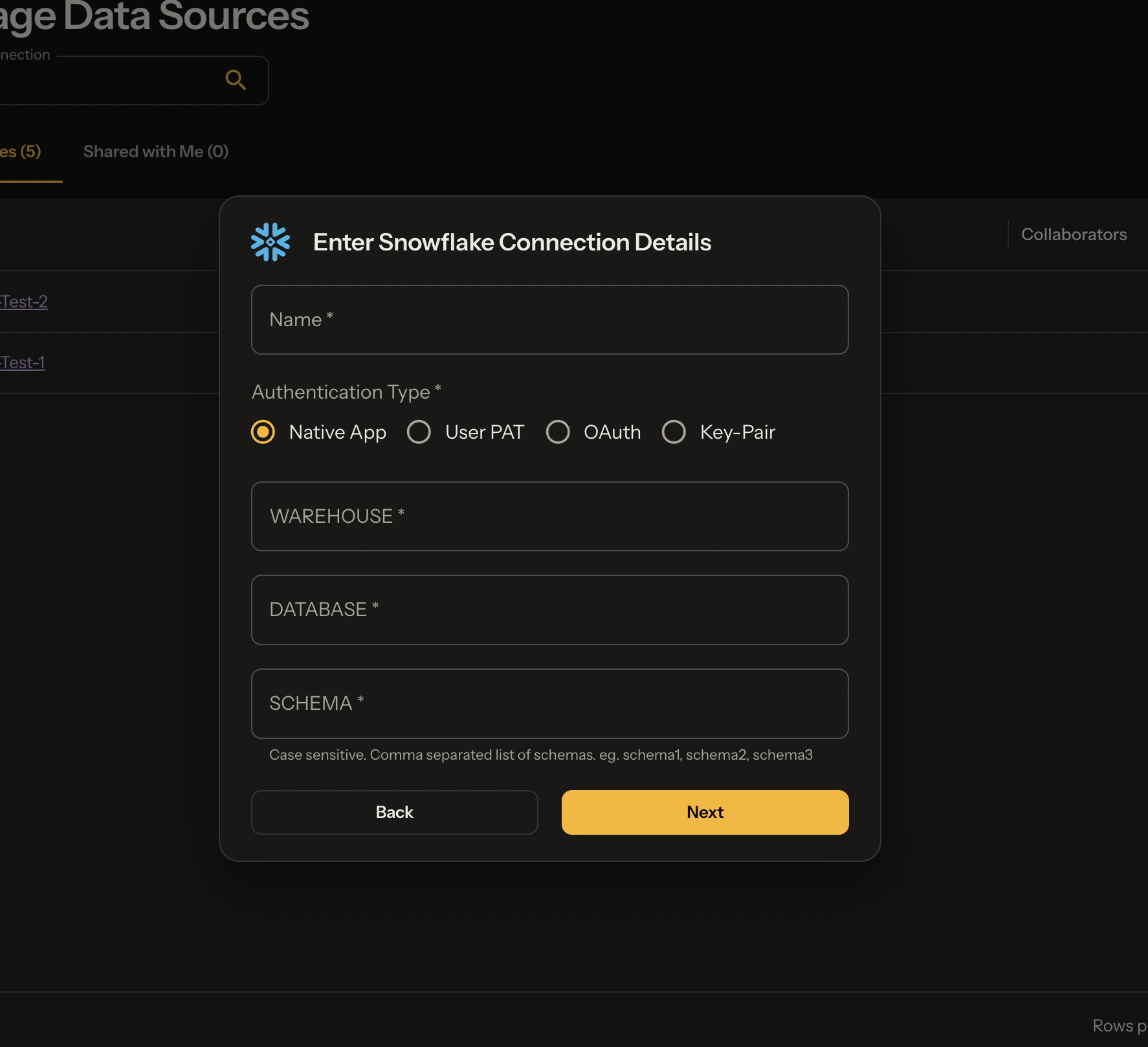 Snowflake connection form